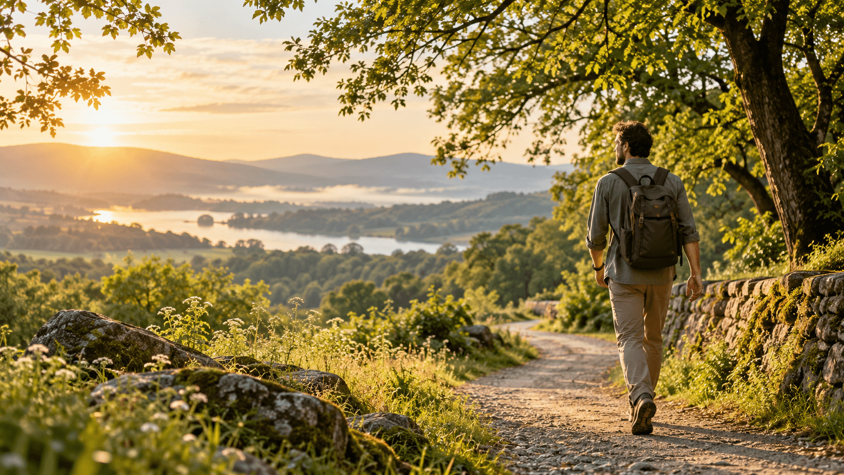 A man walking through a serene park setting near sunrise