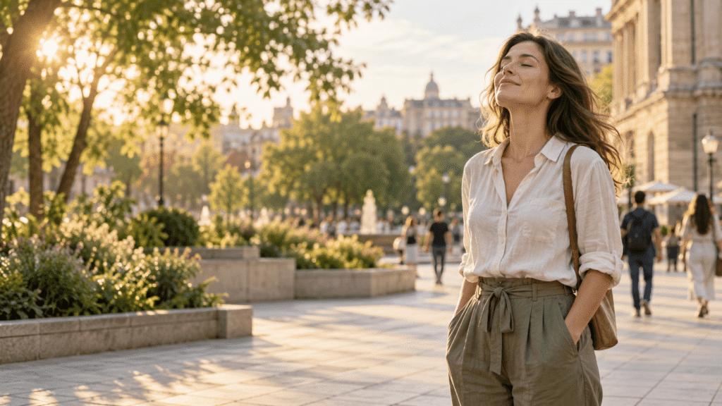 A rendition of a woman breathing deeply in a pretty city park setting.