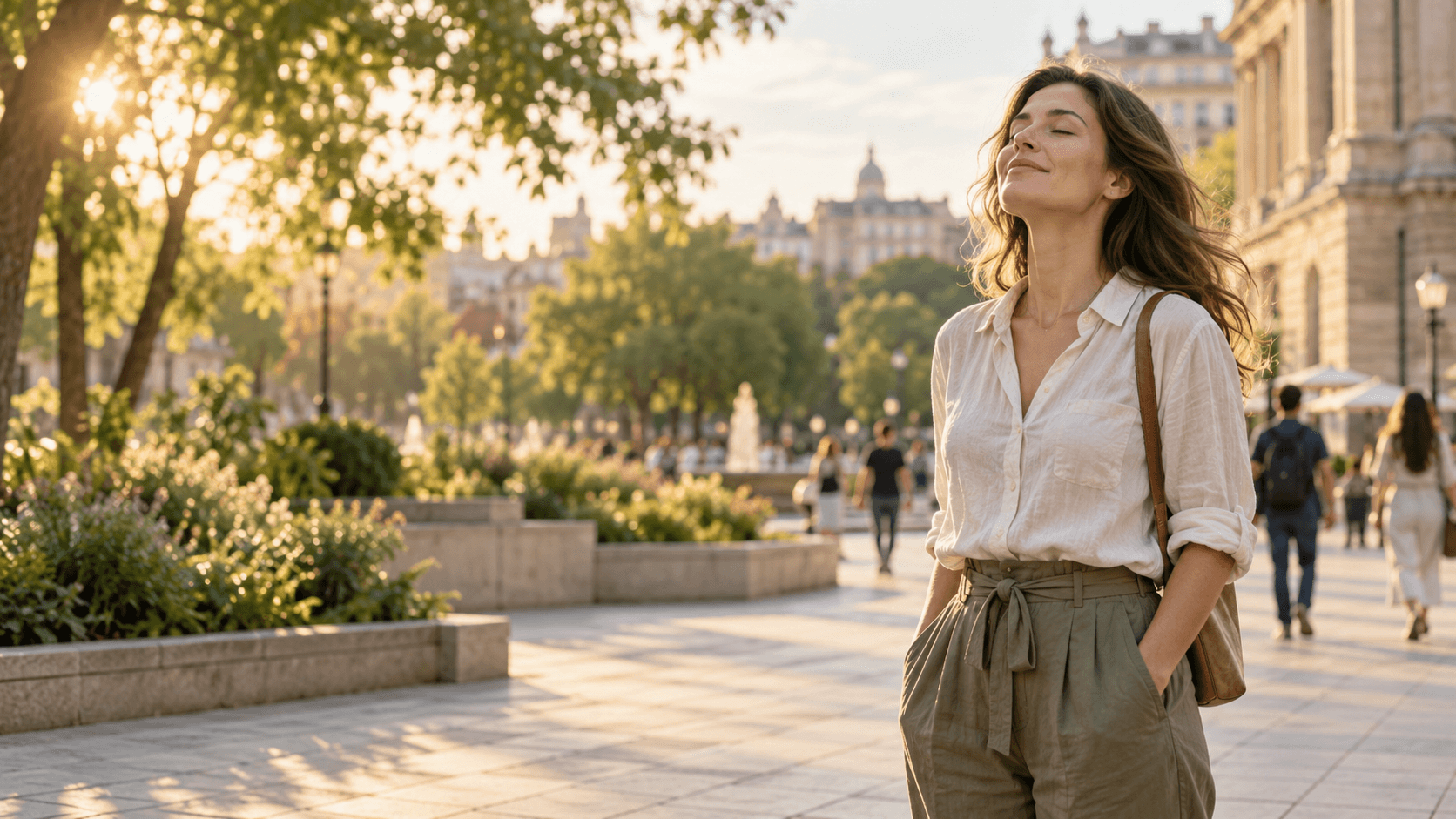 A rendition of a woman breathing deeply in a pretty city park setting.